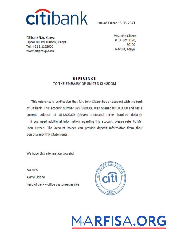 Realistic Kenya Citibank reference example